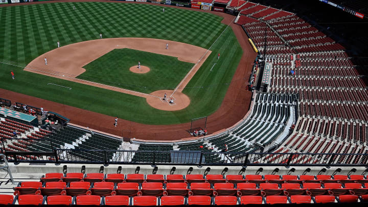 Jul 12, 2020; St. Louis, Missouri, United States; A view of empty seats as the St. Louis Cardinals play a simulated game at Busch Stadium. Mandatory Credit: Jeff Curry-USA TODAY Sports Jul 12, 2020; St. Louis, Missouri, United States; A view of empty seats as the St. Louis Cardinals play a simulated game at Busch Stadium. Mandatory Credit: Jeff Curry-USA TODAY Sports