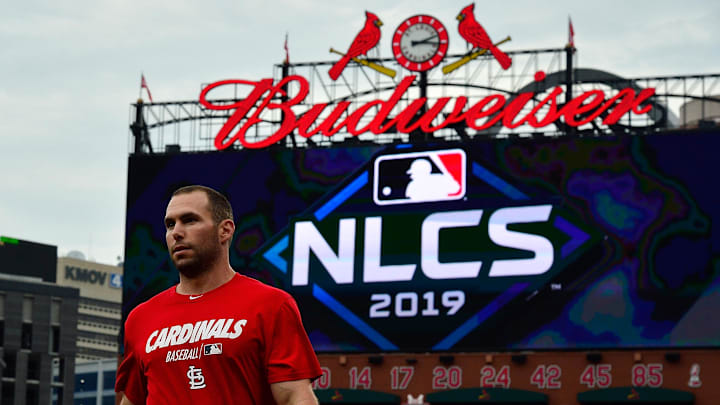 Oct 10, 2019; St. Louis, MO, USA; St. Louis Cardinals first baseman Paul Goldschmidt (46) walls off the field after playing catch during practice day prior to game one of the 2019 NLCS playoff baseball series against the Washington Nationals at Busch Stadium. Mandatory Credit: Jeff Curry-Imagn Images