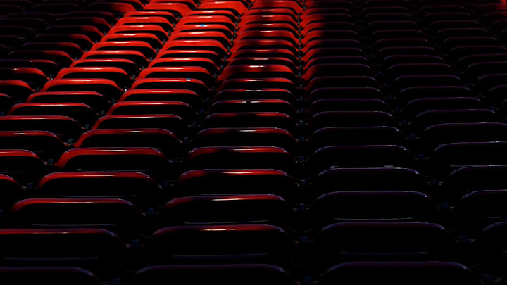 Jul 10, 2020; St. Louis, Missouri, United States; A section of empty seats is illuminated by a sunlight during St. Louis Cardinals workouts at Busch Stadium. Mandatory Credit: Jeff Curry-Imagn Images