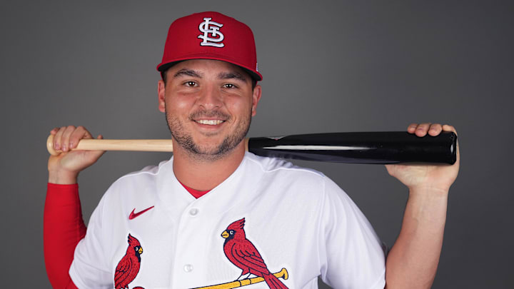 Feb 23, 2023; Jupiter, FL, USA; St. Louis Cardinals catcher Jimmy Crooks (98) poses for a portrait during spring training photo day. Mandatory Credit: Jim Rassol-Imagn Images