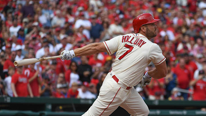 Oct 1, 2016; St. Louis, MO, USA; St. Louis Cardinals pinch hitter Matt Holliday (7) hits an rbi single against the Pittsburgh Pirates at Busch Stadium. Mandatory Credit: Scott Rovak-Imagn Images