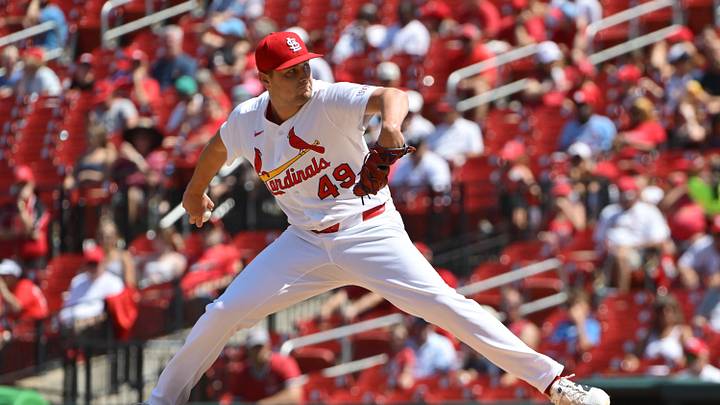 Jun 17, 2026; St. Louis, Missouri, USA; St. Louis Cardinals pitcher Matt Svanson (49) throws in relief against the San Diego Padres at Busch Stadium. Mandatory Credit: Tim Vizer-Imagn Images