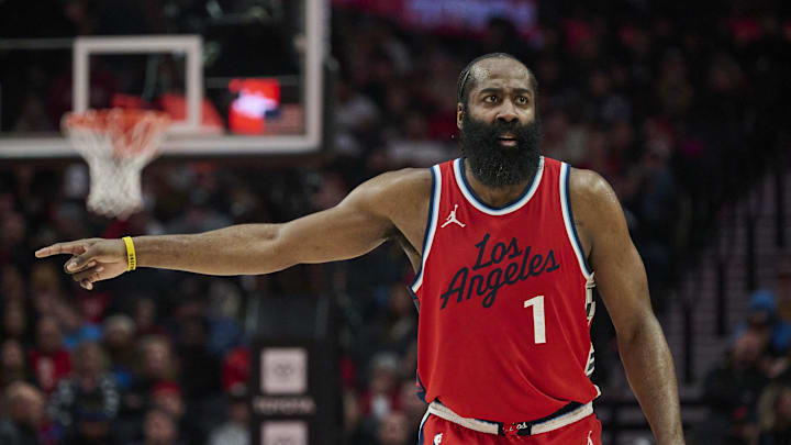 Jan 16, 2025; Portland, Oregon, USA; LA Clippers guard James Harden (1) points to a teammate on an inbounds pass during the first half against the Portland Trail Blazers at Moda Center. Mandatory Credit: Troy Wayrynen-Imagn Images