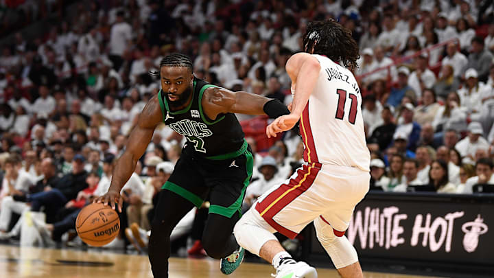 Apr 29, 2024; Miami, Florida, USA; Boston Celtics guard Jaylen Brown (7) drives on Miami Heat guard Jaime Jaquez Jr. (11) during the second quarter of game four of the first round for the 2024 NBA playoffs at Kaseya Center. Mandatory Credit: Michael Laughlin-Imagn Images Apr 29, 2024; Miami, Florida, USA; Boston Celtics guard Jaylen Brown (7) drives on Miami Heat guard Jaime Jaquez Jr. (11) during the second quarter of game four of the first round for the 2024 NBA playoffs at Kaseya Center. Mandatory Credit: Michael Laughlin-Imagn Images