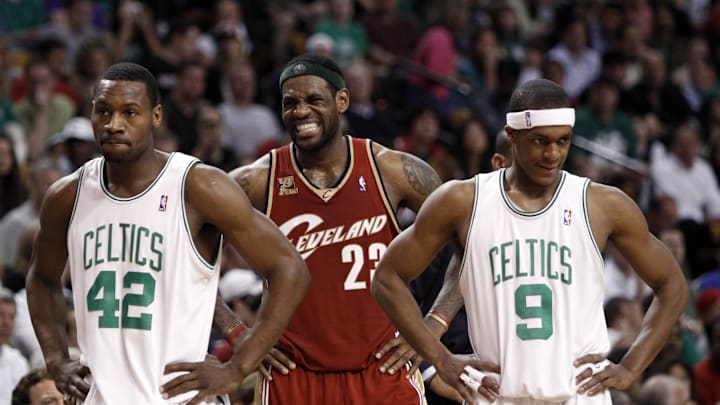 Apr 4, 2010; Boston, MA, USA; Cleveland Cavaliers forward LeBron James (23) waits for a free-throw along with Boston Celtics guard Rajon Rondo (9) and guard Tony Allen (42) during the 2nd half at the TD Banknorth Garden. The Celtics defeated the Cavaliers  117-113. Mandatory Credit: David Butler II-Imagn Images