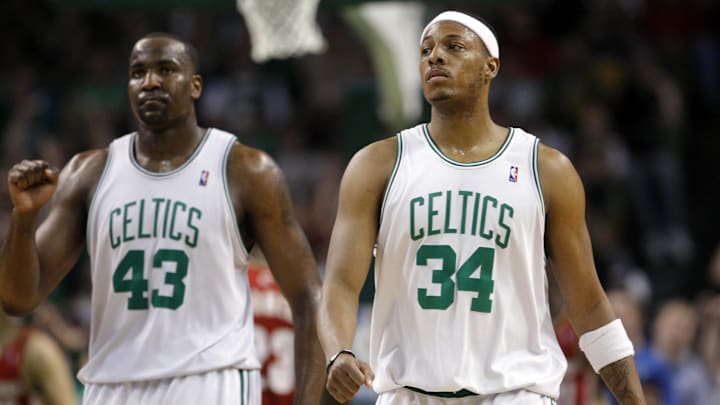 Apr 4, 2010; Boston, MA, USA; Boston Celtics center Kendrick Perkins (43) and forward Paul Pierce (34) return up court as they take on the Cleveland Cavaliers during the 2nd half at the TD Banknorth Garden. The Celtics defeated the Cavaliers  117-113. Mandatory Credit: David Butler II-Imagn Images