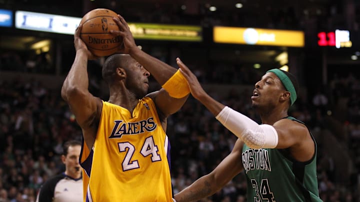 Feb 09, 2012; Boston, MA, USA; Boston Celtics small forward Paul Pierce (34) defends in the first half against Los Angeles Lakers shooting guard Kobe Bryant (24) at the TD Garden. Mandatory Credit: David Butler II-Imagn Images Feb 09, 2012; Boston, MA, USA; Boston Celtics small forward Paul Pierce (34) defends in the first half against Los Angeles Lakers shooting guard Kobe Bryant (24) at the TD Garden. Mandatory Credit: David Butler II-Imagn Images