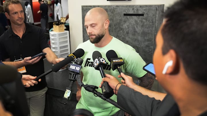 Arizona Diamondbacks first base Christian Walker (53) reacts during interviews after being eliminated from playoff contention at Chase Field on Sept. 30, 2024.