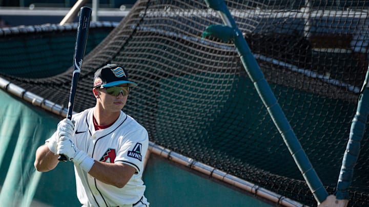 Second baseman, Tommy Troy warms up for batting practice during the Arizona Fall League media day at Scottsdale Stadium on Oct. 4, 2024, in Scottsdale, Arizona.
