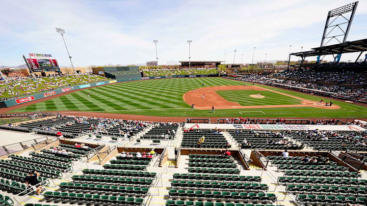 Mar 25, 2022; Scottsdale, Arizona, USA; Fans watch the Arizona Diamondbacks play the Los Angeles Angels in the second inning during a spring training game at Salt River Fields. Mandatory Credit: Rob Schumacher-Arizona Republic
Mlb Los Angles Angels At Arizona Diamondbacks Mar 25, 2022; Scottsdale, Arizona, USA; Fans watch the Arizona Diamondbacks play the Los Angeles Angels in the second inning during a spring training game at Salt River Fields. Mandatory Credit: Rob Schumacher-Arizona Republic
Mlb Los Angles Angels At Arizona Diamondbacks