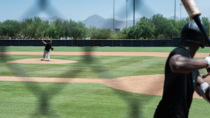 Merrill Kelly pitches in a 3-inning simulated game at Salt River Fields on July 31, 2024, in Scottsdale. Merrill Kelly pitches in a 3-inning simulated game at Salt River Fields on July 31, 2024, in Scottsdale.