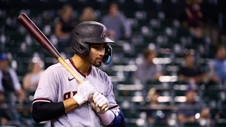 Oct 15, 2022; Phoenix, AZ, USA; Salt River Rafters infielder Jordan Lawlar (1) stands at bat against the Surprise Saguaros at Chase Field. Mlb Dbacks Fall League Prospects Oct 15, 2022; Phoenix, AZ, USA; Salt River Rafters infielder Jordan Lawlar (1) stands at bat against the Surprise Saguaros at Chase Field. Mlb Dbacks Fall League Prospects
