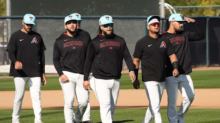 Arizona Diamondbacks catchers Jose Herrera Gabriel Moreno and Adrian Del Castillo during spring training workouts at Salt River Fields at Talking Stick on Feb. 18, 2025, in Scottsdale. Arizona Diamondbacks catchers Jose Herrera Gabriel Moreno and Adrian Del Castillo during spring training workouts at Salt River Fields at Talking Stick on Feb. 18, 2025, in Scottsdale.