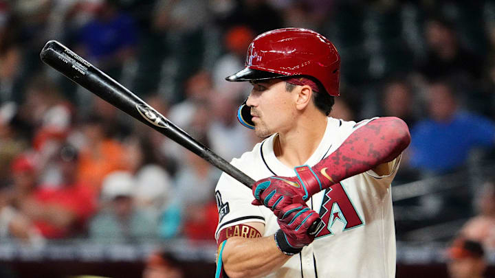 Arizona Diamondbacks Corbin Carroll bats against the Baltimore Orioles in the eighth inning at Chase Field in Phoenix, on April 9, 2025. Arizona Diamondbacks Corbin Carroll bats against the Baltimore Orioles in the eighth inning at Chase Field in Phoenix, on April 9, 2025.