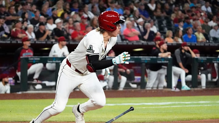 Arizona Diamondbacks Jake McCarthy gets his first hit of the season, a double against the Baltimore Orioles in the fifth inning at Chase Field in Phoenix, on April 9, 2025.