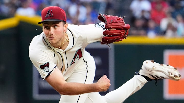 Arizona Diamondbacks starting pitcher Brandon Pfaadt throws to the Los Angeles Dodgers in the first inning at Chase Field in Phoenix, on May 8, 2025.