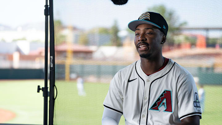 Gino Groover gives an interview during the Arizona Fall League media day at Scottsdale Stadium on Oct. 4, 2024, in Scottsdale, Arizona.