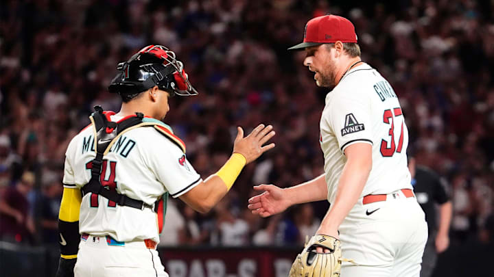 Arizona Diamondbacks catcher Gabriel Moreno celebrates with pitcher Kevin Ginkel after beating the Los Angeles Dodgers 5-3 at Chase Field in Phoenix, on May 8, 2025. Arizona Diamondbacks catcher Gabriel Moreno celebrates with pitcher Kevin Ginkel after beating the Los Angeles Dodgers 5-3 at Chase Field in Phoenix, on May 8, 2025.