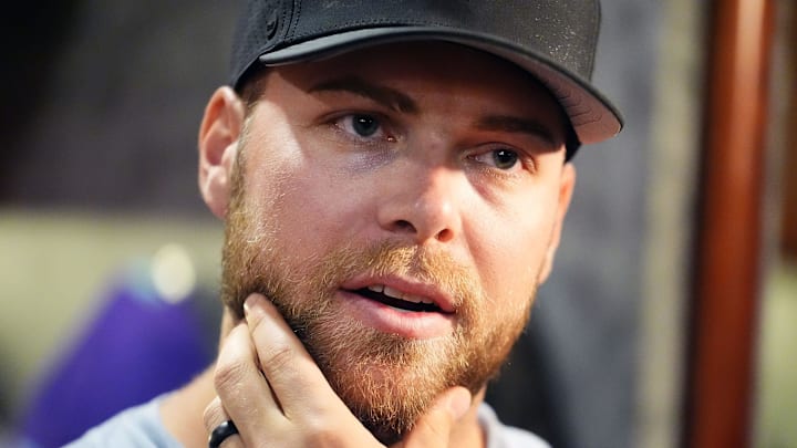 Arizona Diamondbacks pitcher Corbin Burnes is interviewed by the media at Chase Field in Phoenix on Sept. 29, 2025.