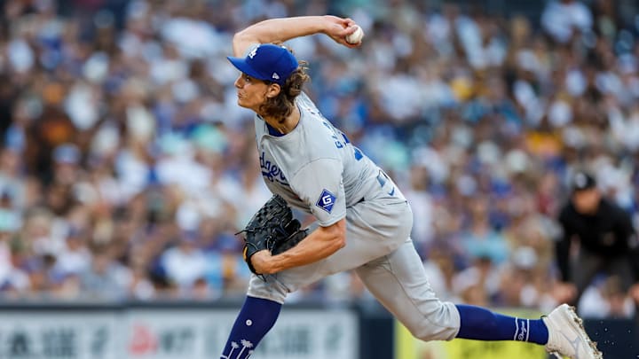 Jul 30, 2024; San Diego, California, USA; Los Angeles Dodgers starting pitcher Tyler Glasnow (31) throws a pitch during the first inning against the San Diego Padres at Petco Park. Mandatory Credit: David Frerker-Imagn Images Jul 30, 2024; San Diego, California, USA; Los Angeles Dodgers starting pitcher Tyler Glasnow (31) throws a pitch during the first inning against the San Diego Padres at Petco Park. Mandatory Credit: David Frerker-Imagn Images