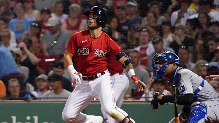 Jun 28, 2021; Boston, Massachusetts, USA; Boston Red Sox second baseman Michael Chavis (23) gets a base hit to drive in a run against6 the Kansas City Royals during the fourth inning at Fenway Park. Mandatory Credit: David Butler II-Imagn Images