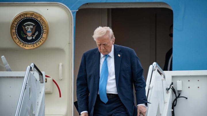President Donald Trump arrives at Palm Beach International Airport in unincorporated Palm Beach County, Fla., for another visit to Mar-a-Lago., on March 28, 2025.