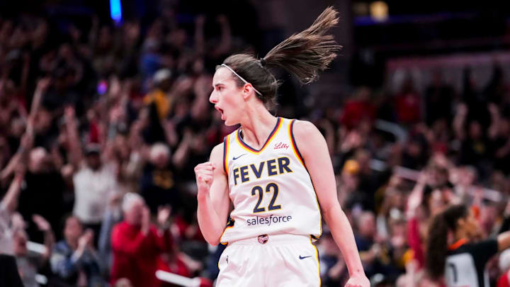 Indiana Fever guard Caitlin Clark (22) celebrates Saturday, May 24, 2025, during a game between the Indiana Fever and the New York Liberty at Gainbridge Fieldhouse in Indianapolis. The New York Liberty defeated the Indiana Fever, 90-88. Indiana Fever guard Caitlin Clark (22) celebrates Saturday, May 24, 2025, during a game between the Indiana Fever and the New York Liberty at Gainbridge Fieldhouse in Indianapolis. The New York Liberty defeated the Indiana Fever, 90-88.