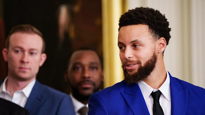 Jan 17, 2023; Washington, DC, USA; Steph Curry as President Joe Biden welcomes the Golden State Warriors to the East Room of the White House to celebrate their 2022 NBA championship at The White House. Mandatory Credit: Josh Morgan-USA TODAY
