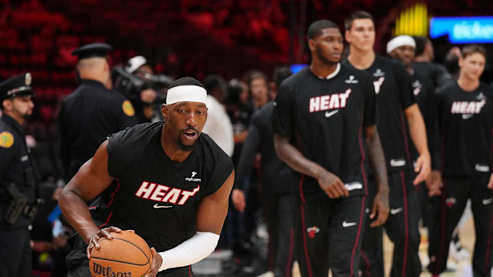 Oct 8, 2025; Miami, Florida, USA;  Miami Heat center Bam Adebayo (13) warms-up before the start of the game against the San Antonio Spurs at Kaseya Center. Mandatory Credit: Jim Rassol-Imagn Images