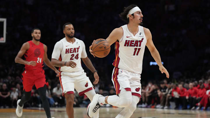 Nov 8, 2025; Miami, Florida, USA; Miami Heat forward Jaime Jaquez Jr. (11) brings the ball up the court against the Portland Trail Blazers in the first quarter at Kaseya Center. Mandatory Credit: Jim Rassol-Imagn Images Nov 8, 2025; Miami, Florida, USA; Miami Heat forward Jaime Jaquez Jr. (11) brings the ball up the court against the Portland Trail Blazers in the first quarter at Kaseya Center. Mandatory Credit: Jim Rassol-Imagn Images