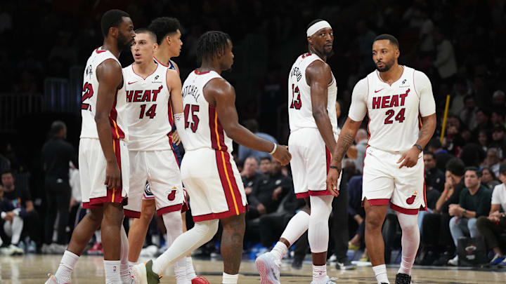 Dec 1, 2025; Miami, Florida, USA; Miami Heat center Bam Adebayo (13) and the starters head to the bench late in the game with a big lead against the Los Angeles Clippers at Kaseya Center. Mandatory Credit: Jim Rassol-Imagn Images Dec 1, 2025; Miami, Florida, USA; Miami Heat center Bam Adebayo (13) and the starters head to the bench late in the game with a big lead against the Los Angeles Clippers at Kaseya Center. Mandatory Credit: Jim Rassol-Imagn Images