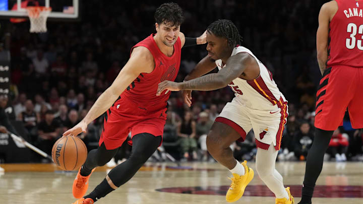 Nov 8, 2025; Miami, Florida, USA; Portland Trail Blazers forward Deni Avdija (8) drives past Miami Heat guard Davion Mitchell (45) during the second half at Kaseya Center. Mandatory Credit: Jim Rassol-Imagn Images Nov 8, 2025; Miami, Florida, USA; Portland Trail Blazers forward Deni Avdija (8) drives past Miami Heat guard Davion Mitchell (45) during the second half at Kaseya Center. Mandatory Credit: Jim Rassol-Imagn Images