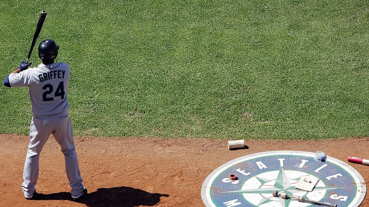 Seattle Mariners left fielder Ken Griffey Jr. (24) awaits at the on deck circle in the seventh inning to hit against the Los Angeles Dodgers at Dodger Stadium. Seattle defeats Los Angeles 4-2 in 2009.