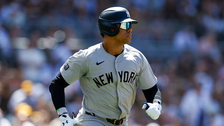May 26, 2024; San Diego, California, USA; New York Yankees right fielder Juan Soto (22) runs down the first base line after hitting a rbi double in the sixth inning against the San Diego Padres  at Petco Park. Mandatory Credit: David Frerker-USA TODAY Sports