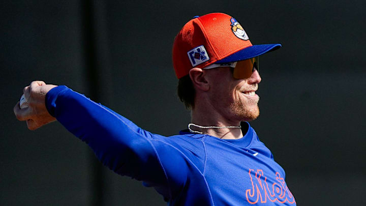 New York Mets third baseman Brett Baty (7) works during the first day of a full-squad workout during Spring Training at Clover Park on Monday, Feb. 17, 2025, in Port St. Lucie.
