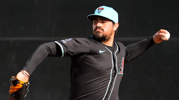 Arizona Diamondbacks pitcher Jose Castillo throws in the bullpen during spring training practice at Salt River Fields at Talking Stick in Phoenix on Feb. 13, 2025.