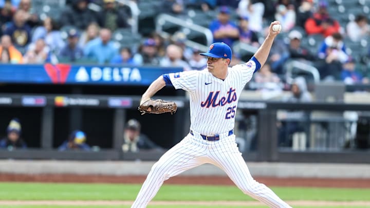 Mar 31, 2024; New York City, New York, USA;  New York Mets relief pitcher Brooks Raley (25) pitches in the ninth inning against the Milwaukee Brewers at Citi Field. Mandatory Credit: Wendell Cruz-Imagn Images