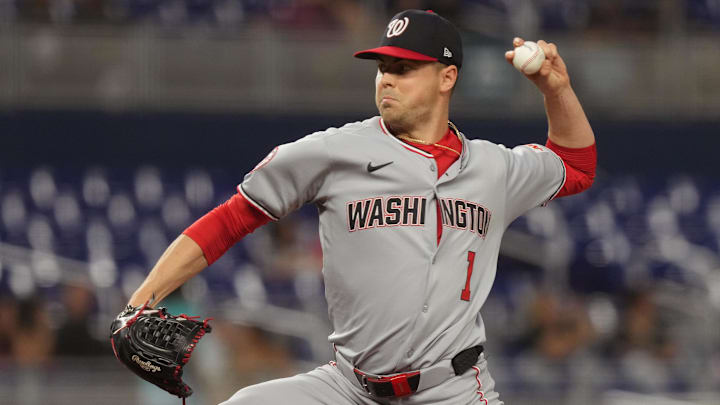 Sep 11, 2025; Miami, Florida, USA; Washington Nationals starting pitcher MacKenzie Gore (1) pitches in the first inning against the Miami Marlins at loanDepot Park. Mandatory Credit: Jim Rassol-Imagn Images Sep 11, 2025; Miami, Florida, USA; Washington Nationals starting pitcher MacKenzie Gore (1) pitches in the first inning against the Miami Marlins at loanDepot Park. Mandatory Credit: Jim Rassol-Imagn Images