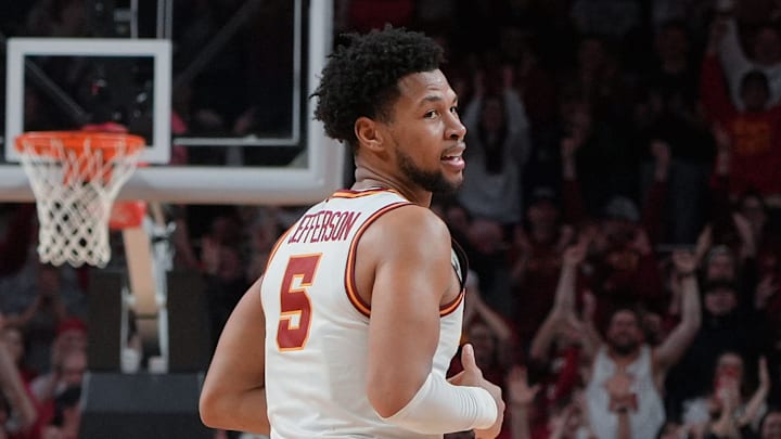 Iowa State Cyclones forward Joshua Jefferson (5) reacts after a triple-double against West Virginia Mountaineers during the second half on Jan. 2, 2026, at Hilton Coliseum in Ames, Iowa.