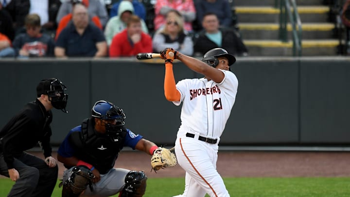 Shorebirds' Samuel Basallo (21) swings in the game against the Cannon Ballers Tuesday, April 11, 2023, at Perdue Stadium in Salisbury, Maryland. The Shorebirds defeated the Cannon Ballers 7-2. Shorebirds' Samuel Basallo (21) swings in the game against the Cannon Ballers Tuesday, April 11, 2023, at Perdue Stadium in Salisbury, Maryland. The Shorebirds defeated the Cannon Ballers 7-2.