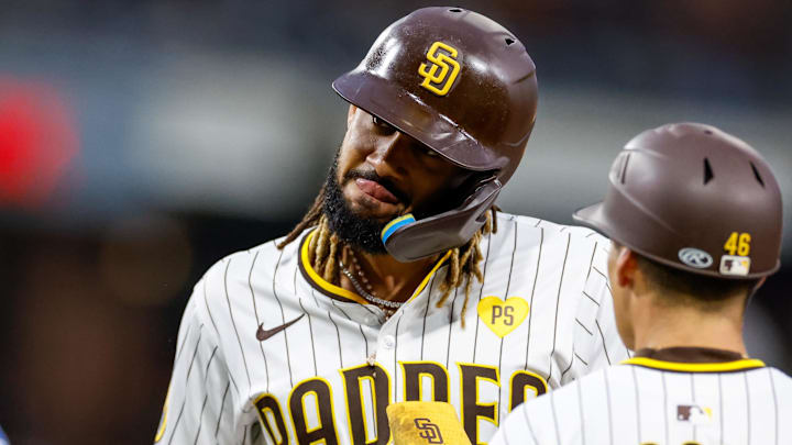 May 28, 2024; San Diego, California, USA; San Diego Padres right fielder Fernando Tatis Jr. (23) looks towards the Padres dugout after hitting a single in the fifth inning against the Miami Marlins at Petco Park. Mandatory Credit: David Frerker-USA TODAY Sports May 28, 2024; San Diego, California, USA; San Diego Padres right fielder Fernando Tatis Jr. (23) looks towards the Padres dugout after hitting a single in the fifth inning against the Miami Marlins at Petco Park. Mandatory Credit: David Frerker-USA TODAY Sports