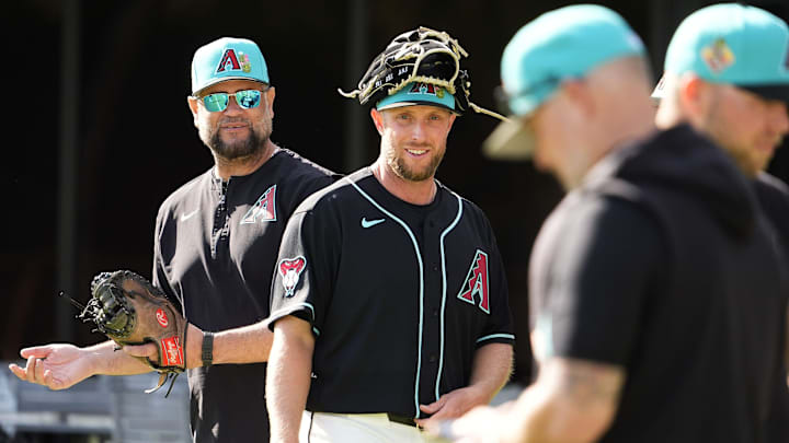 Arizona Diamondbacks pitcher Merrill Kelly (center) during spring training workouts on Feb. 10, 2026, at Salt River Fields in Scottsdale.