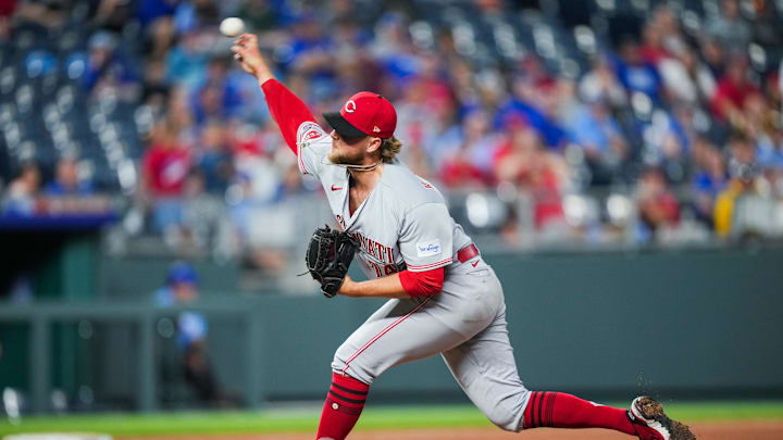 Jun 12, 2023; Kansas City, Missouri, USA; Cincinnati Reds relief pitcher Ricky Karcher (74) pitches against the Kansas City Royals during the tenth inning at Kauffman Stadium. Mandatory Credit: Jay Biggerstaff-USA TODAY Sports Jun 12, 2023; Kansas City, Missouri, USA; Cincinnati Reds relief pitcher Ricky Karcher (74) pitches against the Kansas City Royals during the tenth inning at Kauffman Stadium. Mandatory Credit: Jay Biggerstaff-USA TODAY Sports