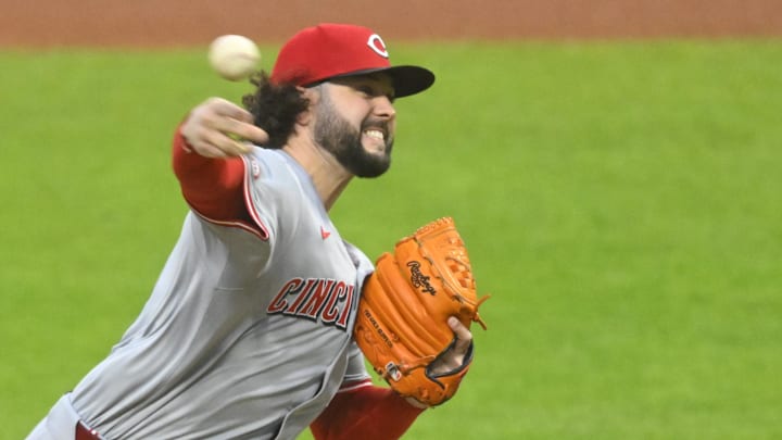 Sep 25, 2024; Cleveland, Ohio, USA; Cincinnati Reds starting pitcher Jakob Junis (47) delivers a pitch in the first inning against the Cleveland Guardians at Progressive Field. Mandatory Credit: David Richard-Imagn Images