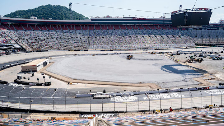 Construction of the baseball field in progress during a media event at Bristol Motor Speedway on June 24, 2025, ahead of the MLB Speedway Classic game between the Atlanta Braves and the Cincinnati Reds held at the racetrack.