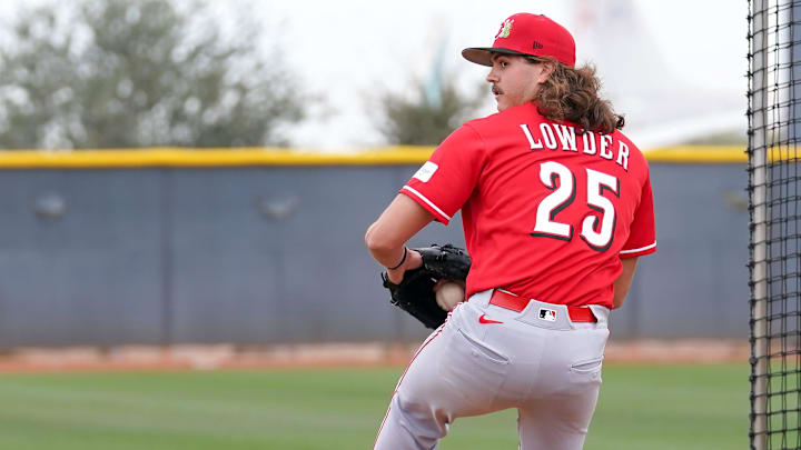 Cincinnati Reds pitcher Rhett Lowder (25) practices his pitch during the first day of full squad workouts, Monday, Feb. 16, 2026, at the Cincinnati Reds player development complex in Goodyear, Ariz. Cincinnati Reds pitcher Rhett Lowder (25) practices his pitch during the first day of full squad workouts, Monday, Feb. 16, 2026, at the Cincinnati Reds player development complex in Goodyear, Ariz.