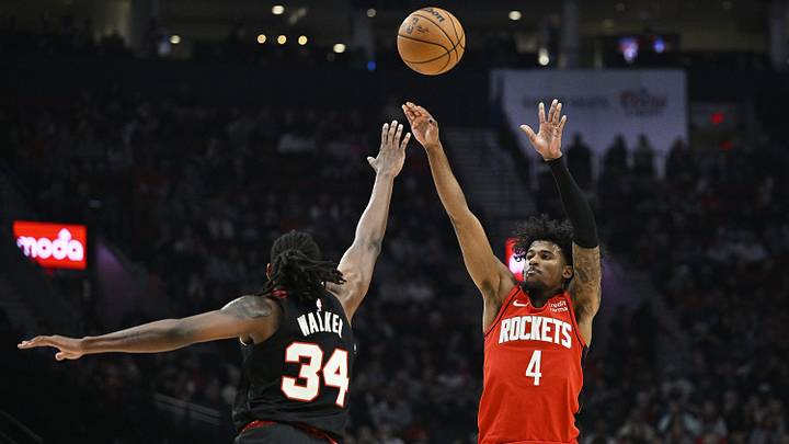 Apr 12, 2024; Portland, Oregon, USA; Houston Rockets guard Jalen Green (4) shoots a jump shot during