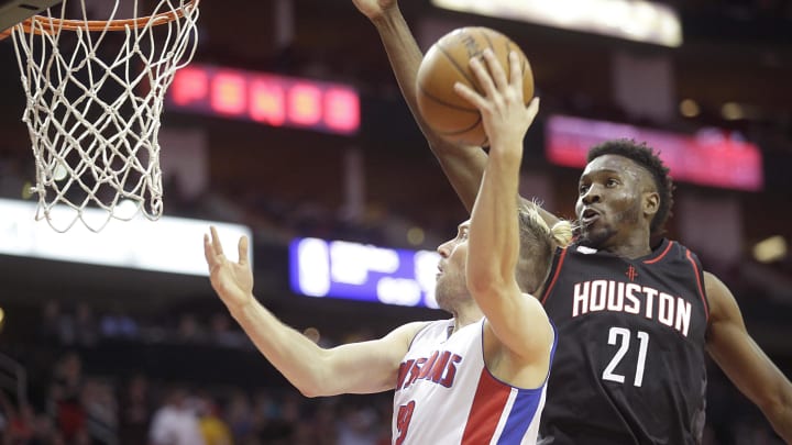 Apr 7, 2017; Houston, TX, USA; Detroit Pistons guard Beno Udrih (19) is fouled by Houston Rockets forward Chinanu Onuaku (21) in the second half at Toyota Center. Detroit Pistons won 114-109 .Mandatory Credit: Thomas B. Shea-USA TODAY Sports
