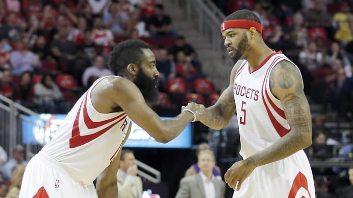Apr 13, 2016; Houston, TX, USA; Houston Rockets guard James Harden (13) congratulates center Josh Smith (5) while playing against the Sacramento Kings in the second half at Toyota Center. Rockets won 116 to 81. Mandatory Credit: Thomas B. Shea-Imagn Images Apr 13, 2016; Houston, TX, USA; Houston Rockets guard James Harden (13) congratulates center Josh Smith (5) while playing against the Sacramento Kings in the second half at Toyota Center. Rockets won 116 to 81. Mandatory Credit: Thomas B. Shea-Imagn Images