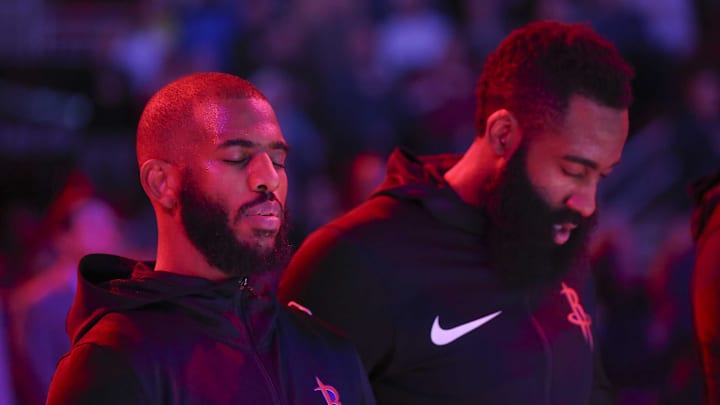 Jan 29, 2019; Houston, TX, USA; Houston Rockets guard Chris Paul (3) and guard James Harden (13) stand for the National Anthem before playing against the New Orleans Pelicans at Toyota Center. Mandatory Credit: Thomas B. Shea-Imagn Images